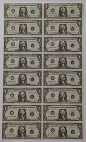 Uncut Sheet of (16) 1988 $1 One-Dollar Green Seal U.S. Federal Reserve Note Bills
