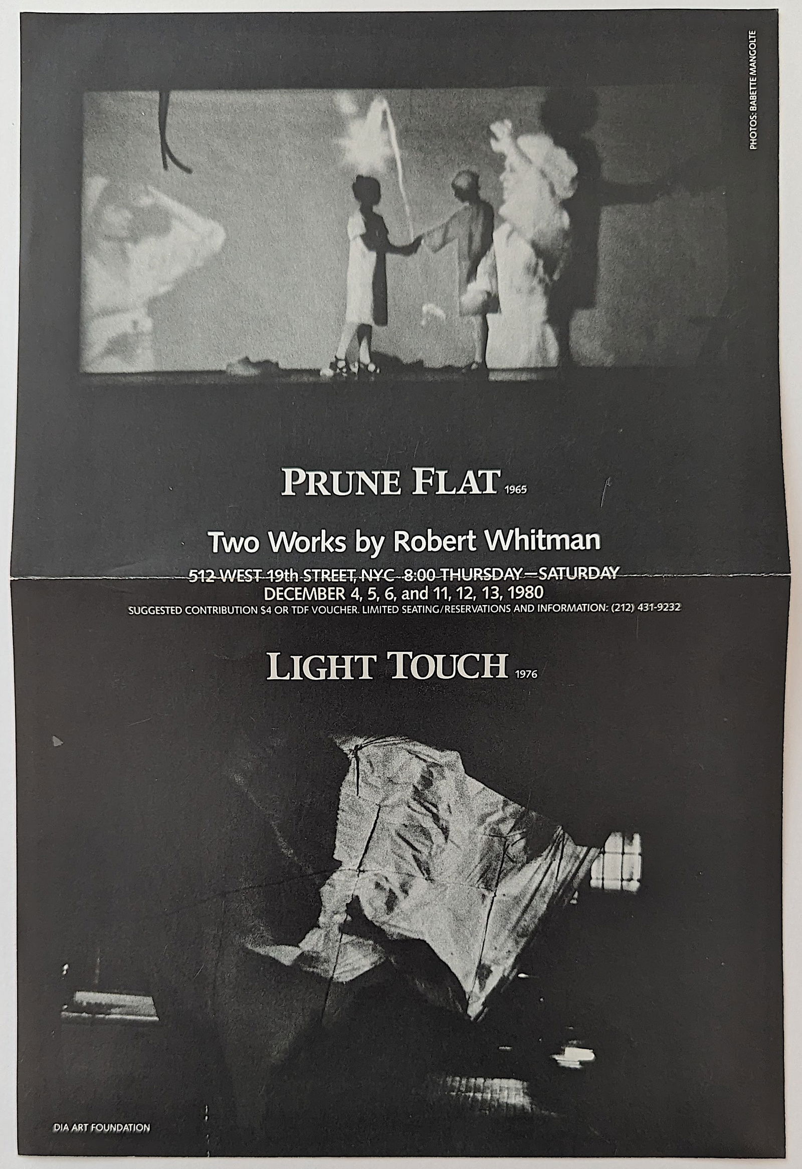 Art Poster Prune Flat Two Works by Robert Whitman - Light Touch, 1976: The dimensions are Approx. 14" x 9.25". The provenance of this lot is from the estate of a deceased formal art collector/curator in Miami, FL. We have included quality images to show it's actual condi