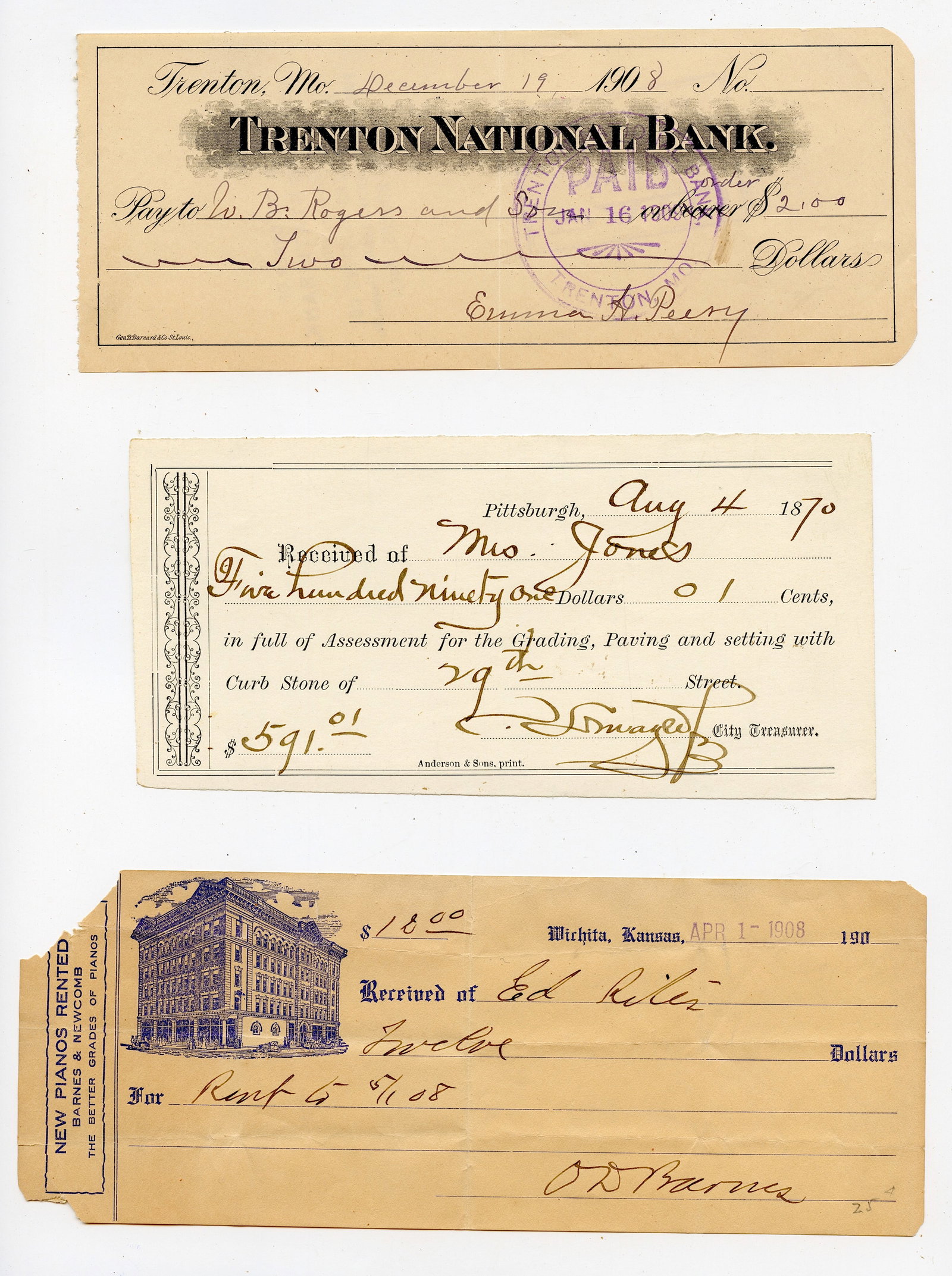 Group 3 Antique Checks & Receipts 1870 and 1908: The provenance is from a deceased collector in Palm Beach. We have included quality images to show it's actual condition. This lot is located in Boca Raton, Fl and its shipment will be made directly b