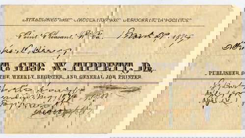 Antique 1879 T. GEO TIPPETT, Dr. Politics Job Printer Receipt