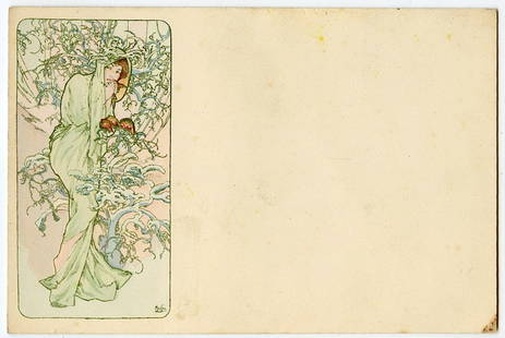 Mucha Authentic Postcard French Art Nouveau Ca. 1900: Alfons Maria Mucha (Czechia 1860 - 1939), known internationally as Alphonse Mucha, was a Czech painter, illustrator, and graphic artist. Living in Paris during the Art Nouveau period, he was widely kn