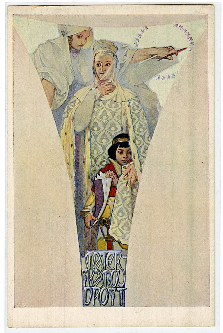 Mucha Authentic Postcard Materska Moudrost Mother's Wisdom 1912: Alfons Maria Mucha (Czechia 1860 - 1939), known internationally as Alphonse Mucha, was a Czech painter, illustrator, and graphic artist. Living in Paris during the Art Nouveau period, he was widely kn