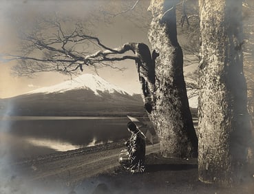 Antique / Antique Authentic  Silver Photo Mt. Fuji Lake, Japan