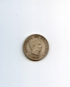 1921 Colombia 50 Cents Filadelfia Silver Ley 0.900
