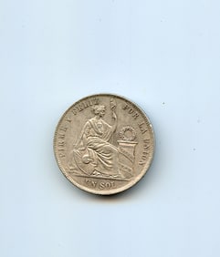 1869 PERU LIBERTY Antique Genuine Silver SOL Peruvian Coin