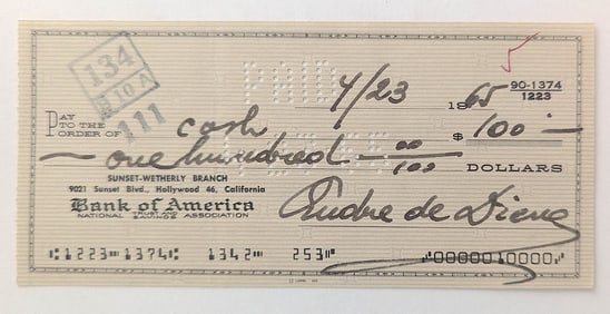 ANDRÉ DE DIENES Vintage 1965 Bank Check Hand Signed