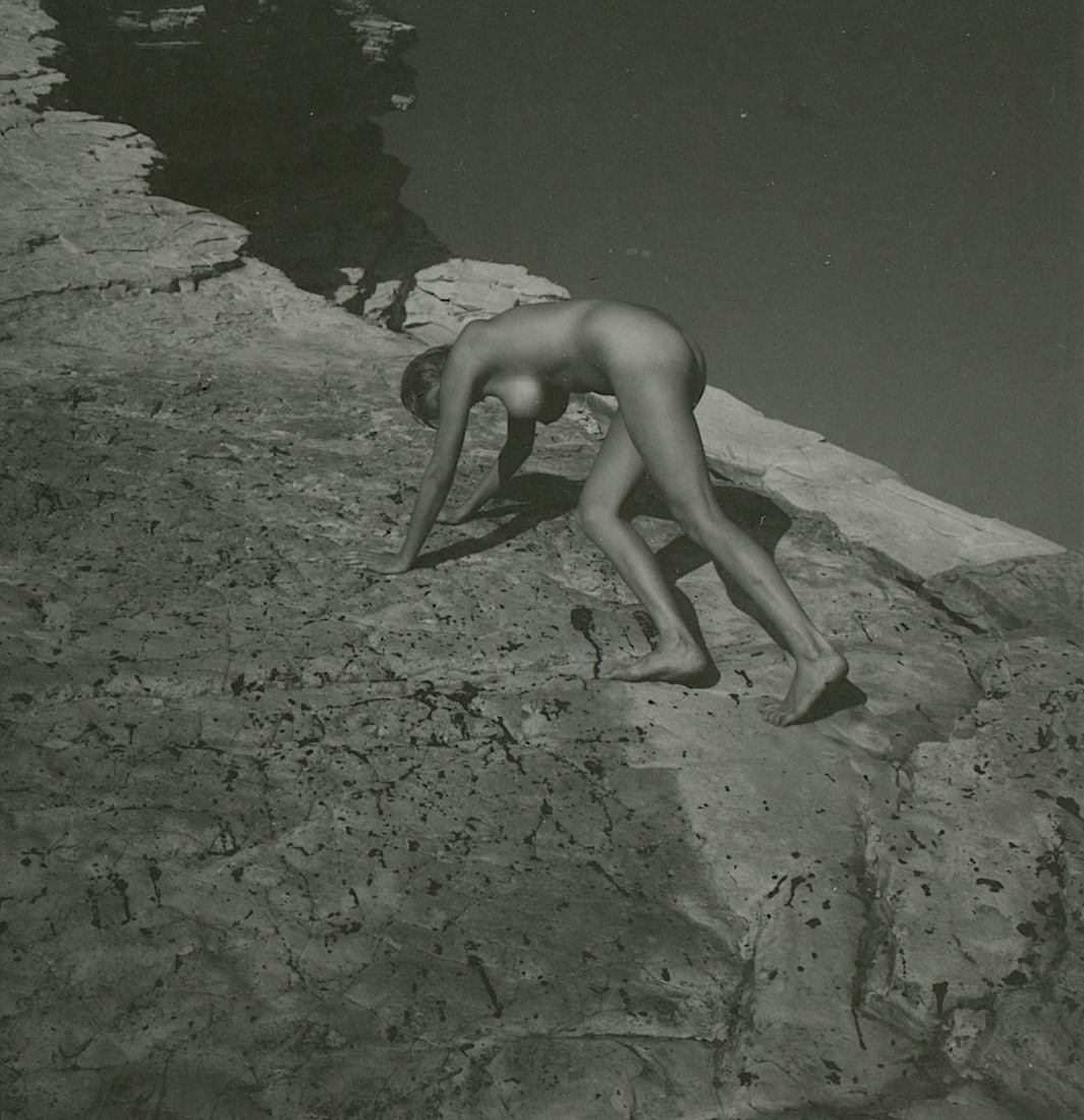 ANDRÉ DE DIENES Vintage Photo 1950s-1960s Nude Study: The provenance of this photo is from the archives of notable photographer André de Dienes.The dimensions are Approx. 2.75" x 2.75" (small variances can occur). This black and white gelatin photo was 