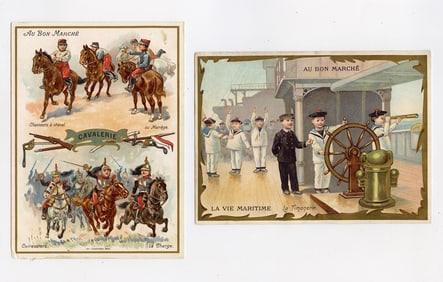 Antique 1990 Set 2 French Tradecards Illustrations AU BON MARCHE