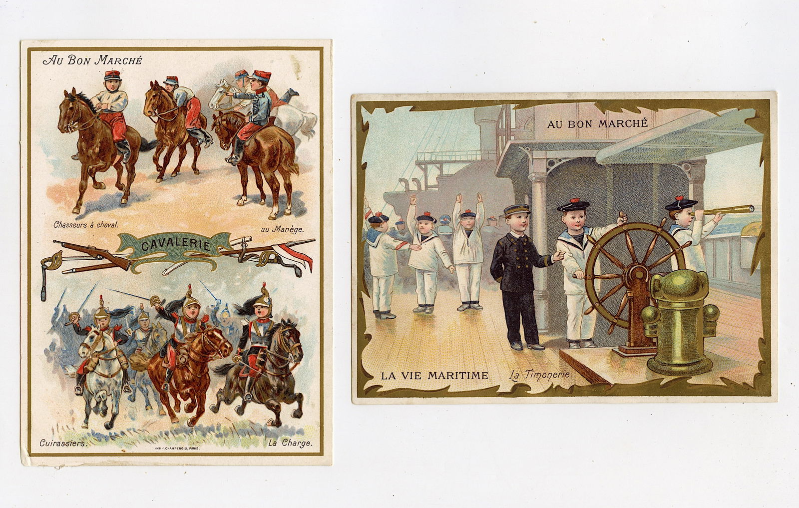 Antique 1990 Set 2 French Tradecards Illustrations AU BON MARCHE