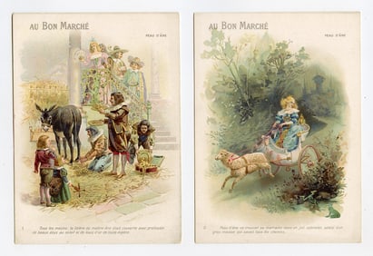 Antique 1990 Set 2 French Tradecards Illustrations AU BON MARCHE