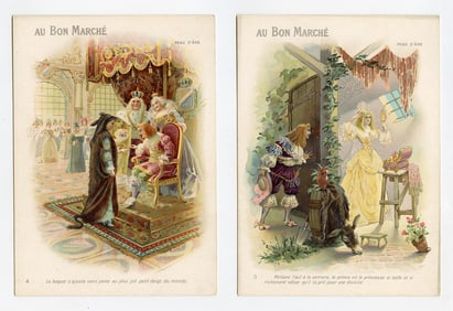 Antique 1990 Set 2 French Tradecards Illustrations AU BON MARCHE