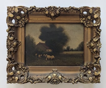 J. DAVIS (19th. C.) Original Antique Oil on Canvas Farm with Sheeps
