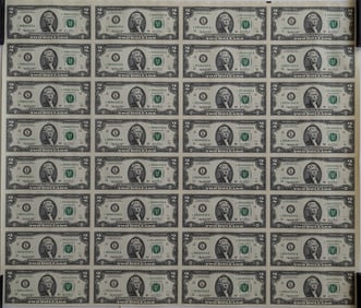 Uncut Sheet of 32 und $2 Bills Series 2003 A
