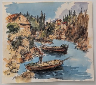 Original Vintage Watercolor Charming Village Scene Unsigned 7" x 8"