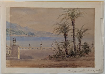 Fine Antique Watercolor Drawing Monaco In The Casino Gardens 7" x 10"