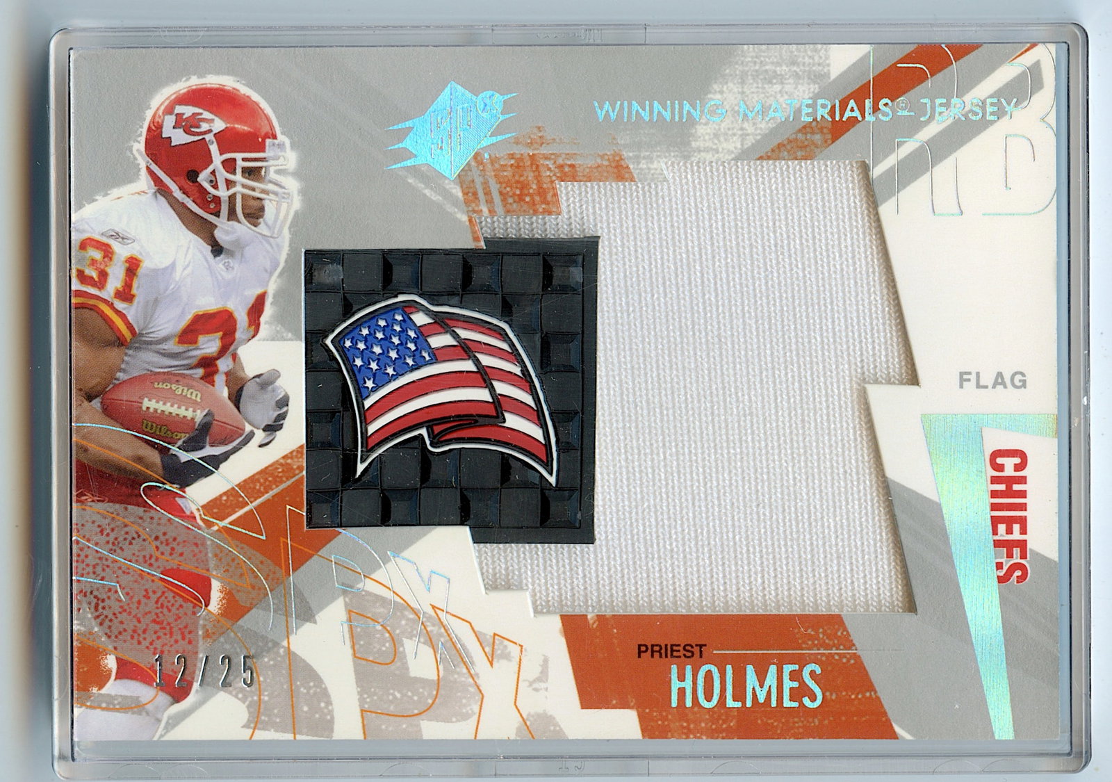 PRIEST HOLMES Material Jersey 12/25 Chiefs NFL-PR Football 2002: The provenance of this lot is from a quality collector in LA, California. We have included a quality scan to show it's actual condition.. This lot is located in Boca Raton, Fl and its shipment will be
