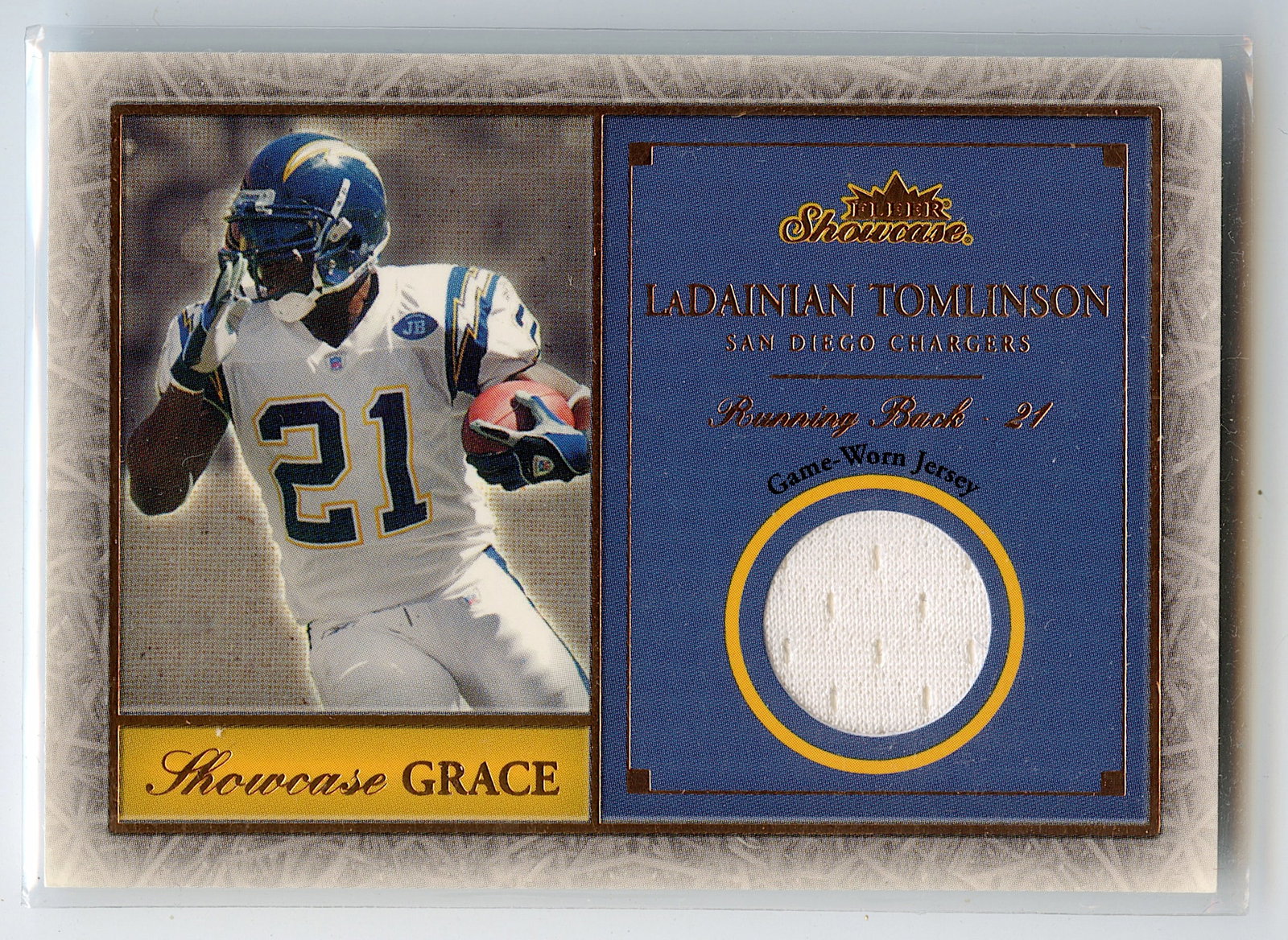 Tomlinson, Ladainian 2004 Fleer Showcase Game Used Jersey: The provenance of this lot is from a quality collector in LA, California. We have included a quality scan to show it's actual condition.. This lot is located in Boca Raton, Fl and its shipment will be
