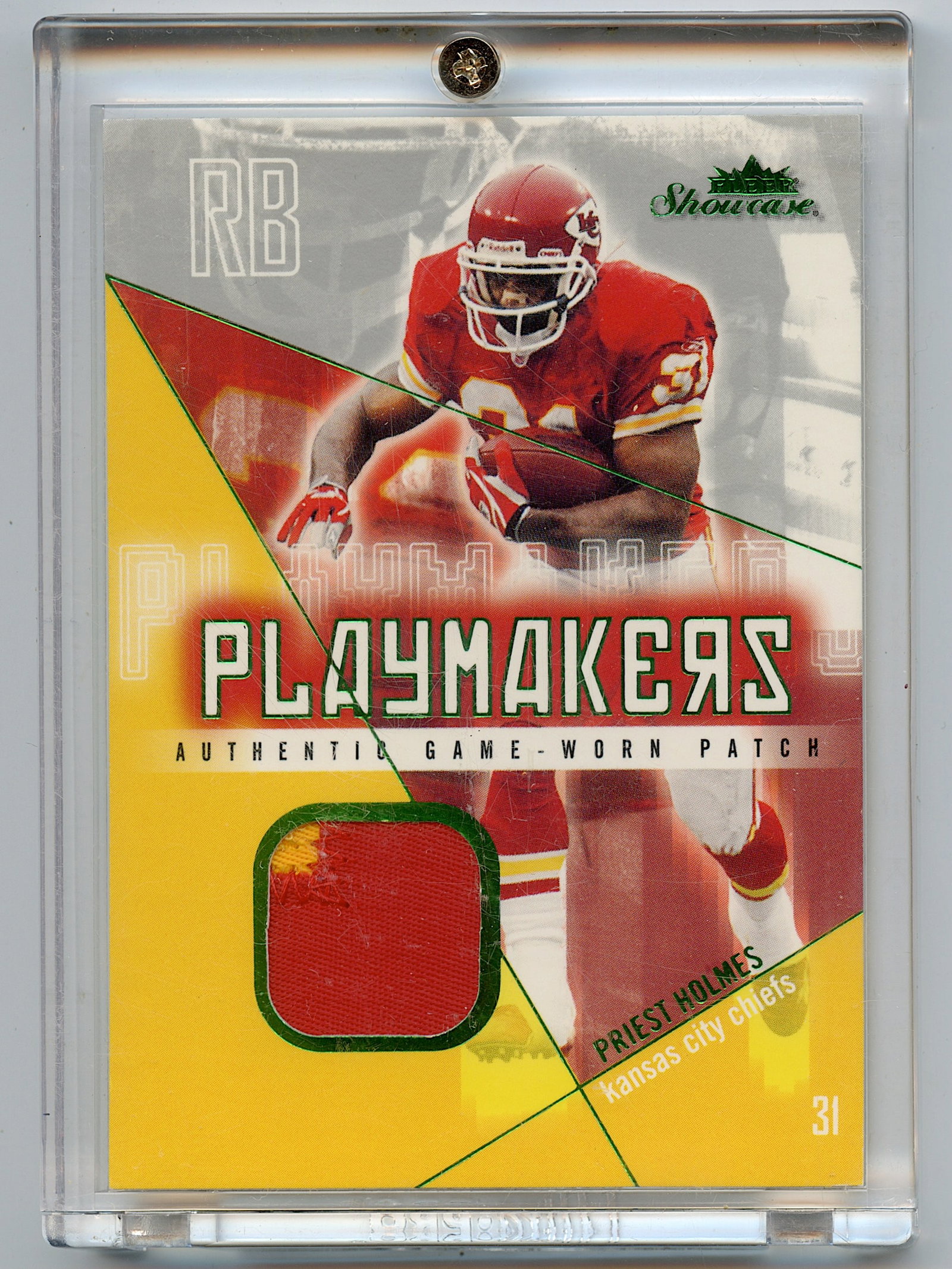 2004 Fleer Showcase Playmakers Game Used #PM-PH4 Priest Holmes 29/31: The provenance of this lot is from a quality collector in LA, California. We have included a quality scan to show it's actual condition.. This lot is located in Boca Raton, Fl and its shipment will be