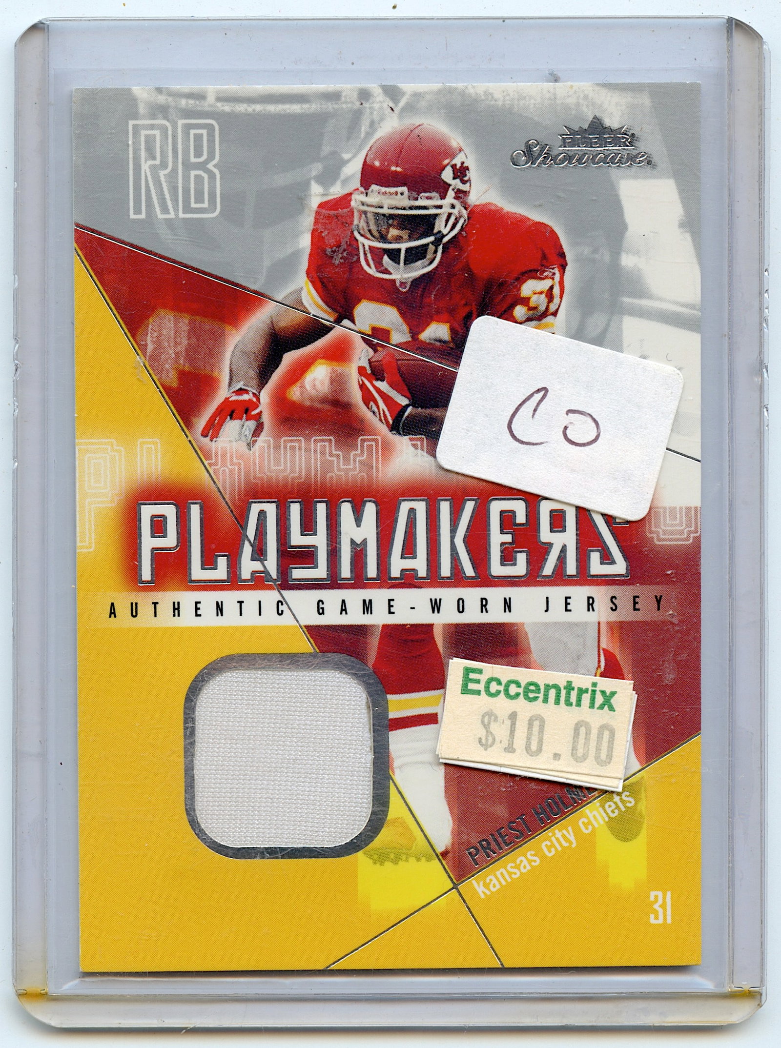 2004 Fleer Showcase Playmakers Game Used #PM-PH4 Priest Holmes Chiefs: The provenance of this lot is from a quality collector in LA, California. We have included a quality scan to show it's actual condition.. This lot is located in Boca Raton, Fl and its shipment will be