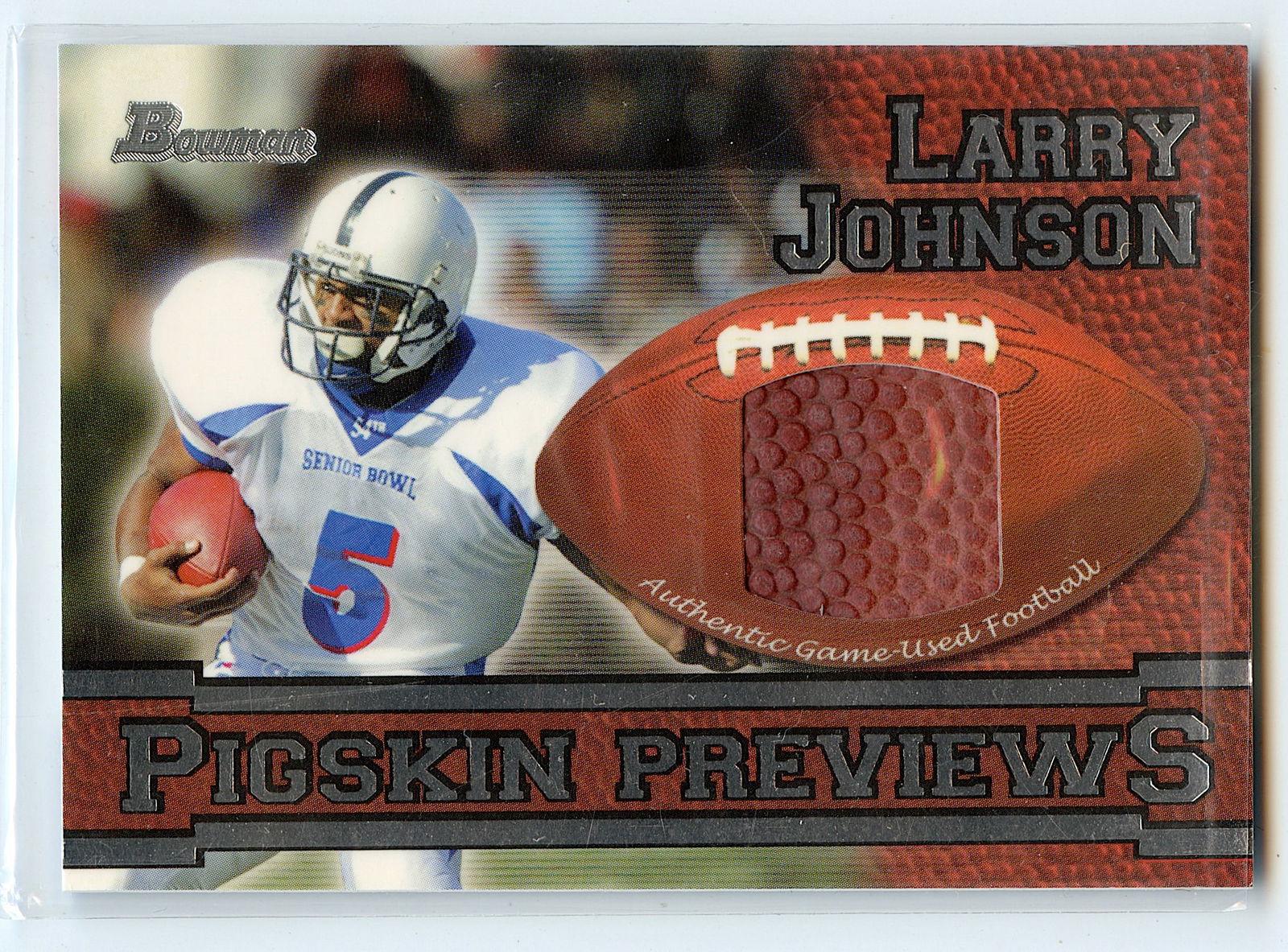 2003 Larry Johnson Football Game Used Pigskin Bowman #PGP-LJ: The provenance of this lot is from a quality collector in LA, California. We have included a quality scan to show it's actual condition.. This lot is located in Boca Raton, Fl and its shipment will be