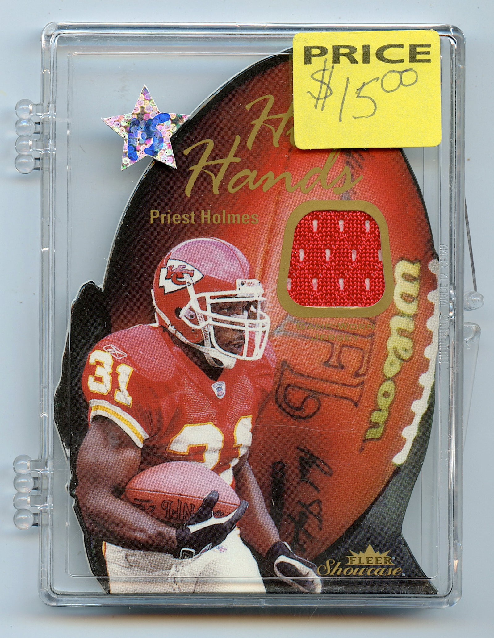 2003 PRIEST HOLMES Hot Hands Fleer Showcase #HH-PH 157/599: The provenance of this lot is from a quality collector in LA, California. We have included a quality scan to show it's actual condition.. This lot is located in Boca Raton, Fl and its shipment will be