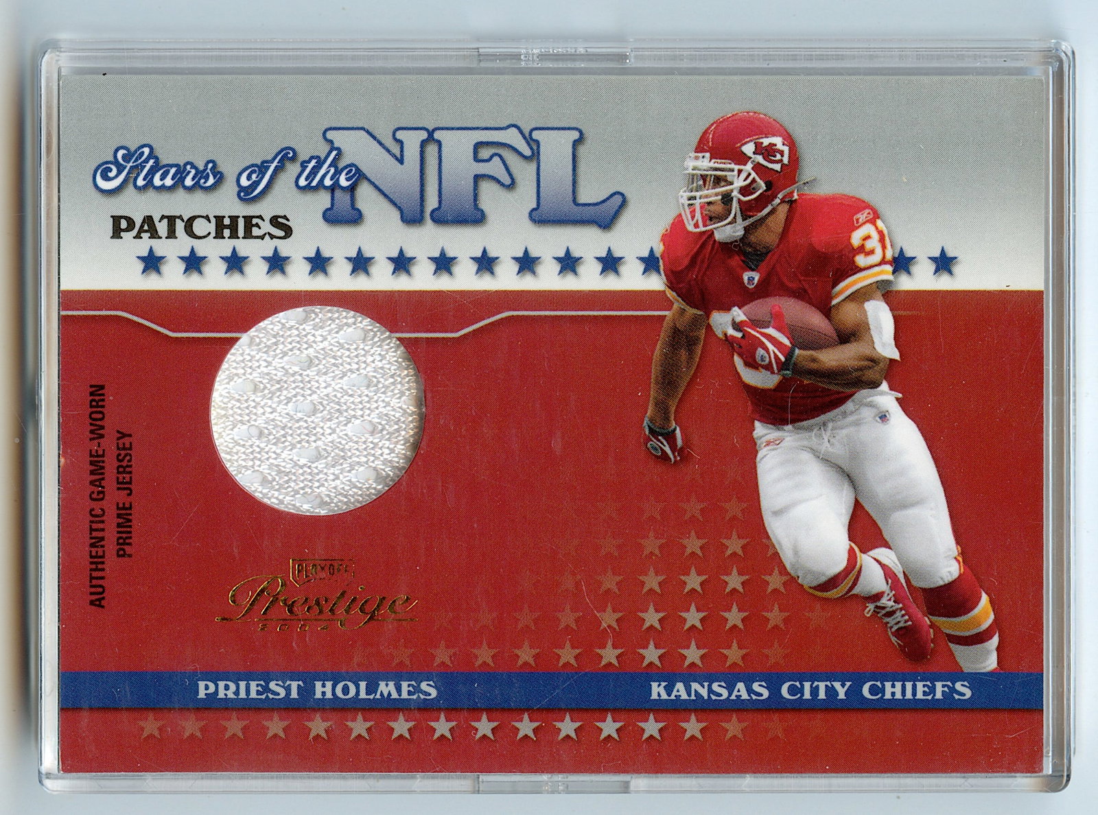 2004 PRIEST HOLMES Piece Jersey Playoff #NFL-12 05/25 Football: The provenance of this lot is from a quality collector in LA, California. We have included a quality scan to show it's actual condition.. This lot is located in Boca Raton, Fl and its shipment will be