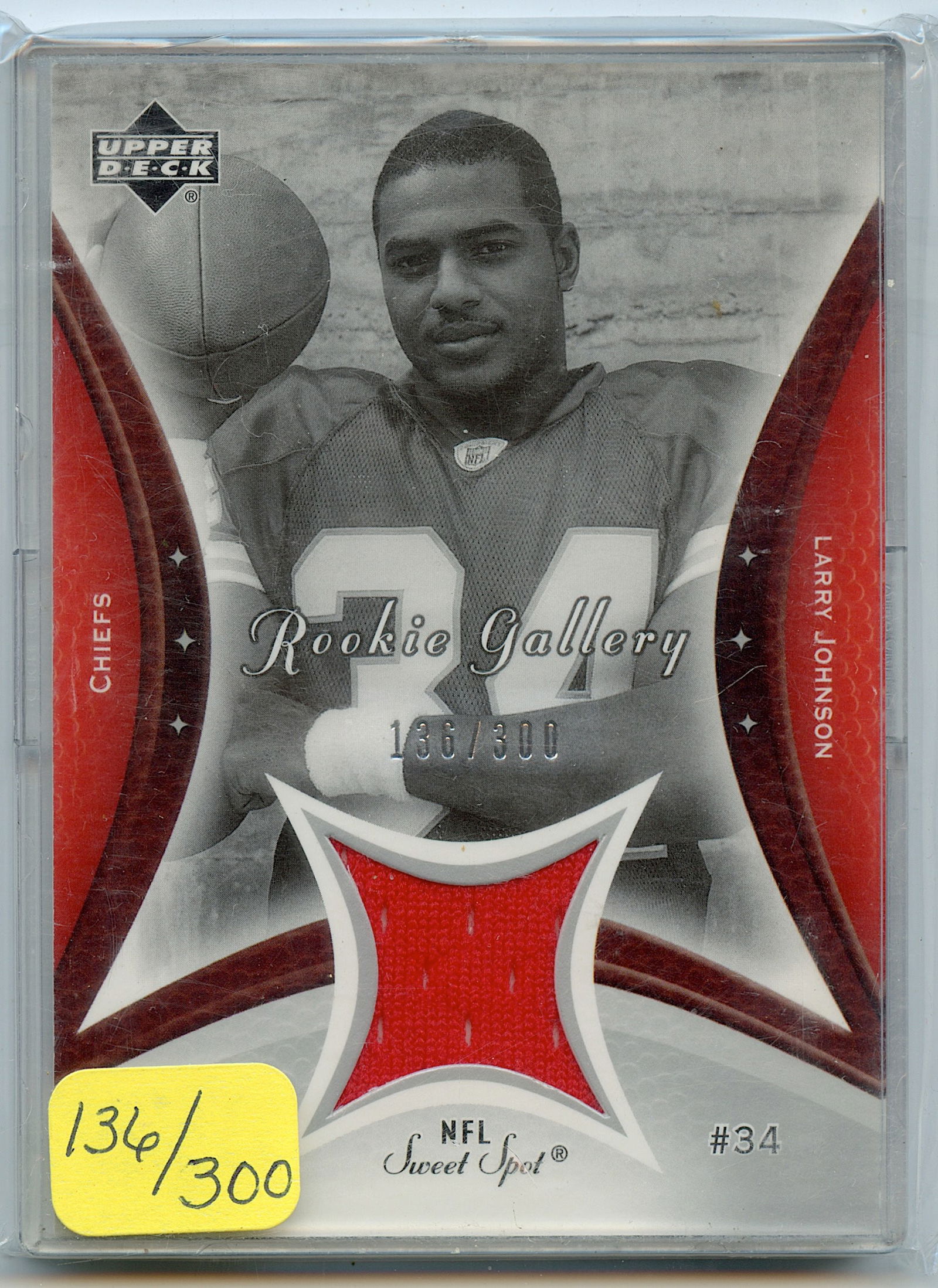 2003 LARRY JOHNSON Worn Jersey Upper Deck #RG-LJ Football: The provenance of this lot is from a quality collector in LA, California. We have included a quality scan to show it's actual condition.. This lot is located in Boca Raton, Fl and its shipment will be