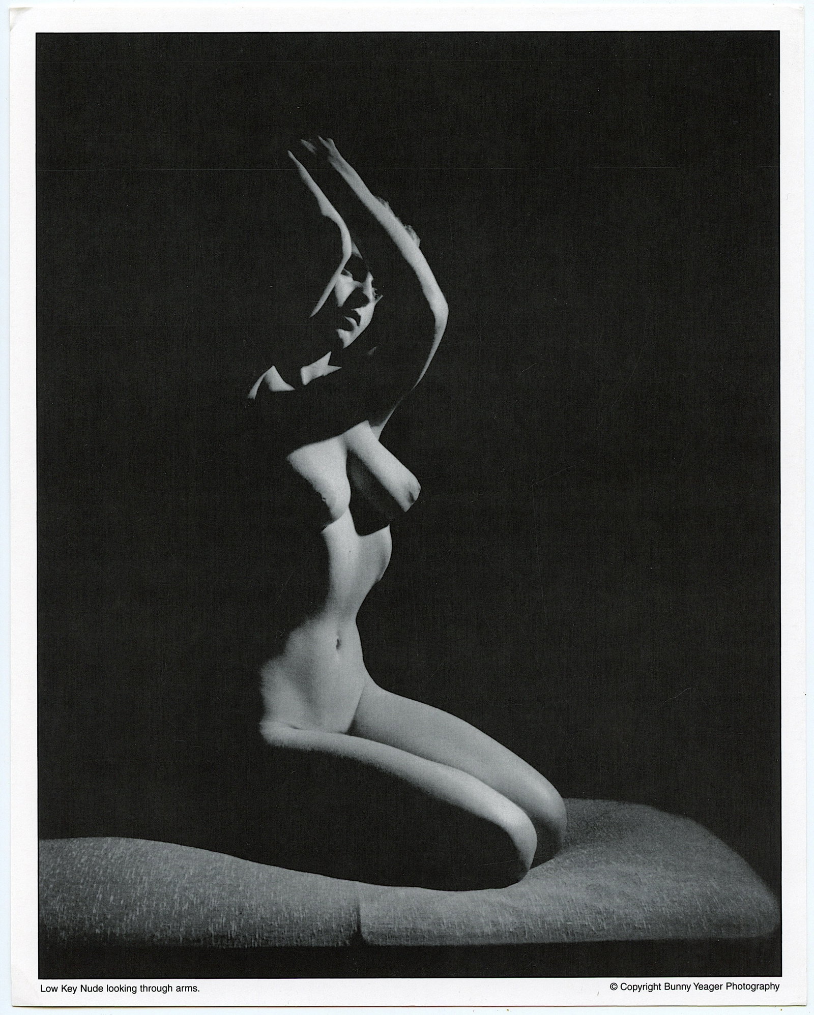 BUNNY YEAGER Vintage Pin Up Litho LOW KEY NUDE: This lot is coming from Bunny Yeager's estate/archives. Linnea Eleanor "Bunny" Yeager (March 13, 1929 - May 24, 2014) was an American photographer and pin-up model. She met Bettie Page in 1954, and to