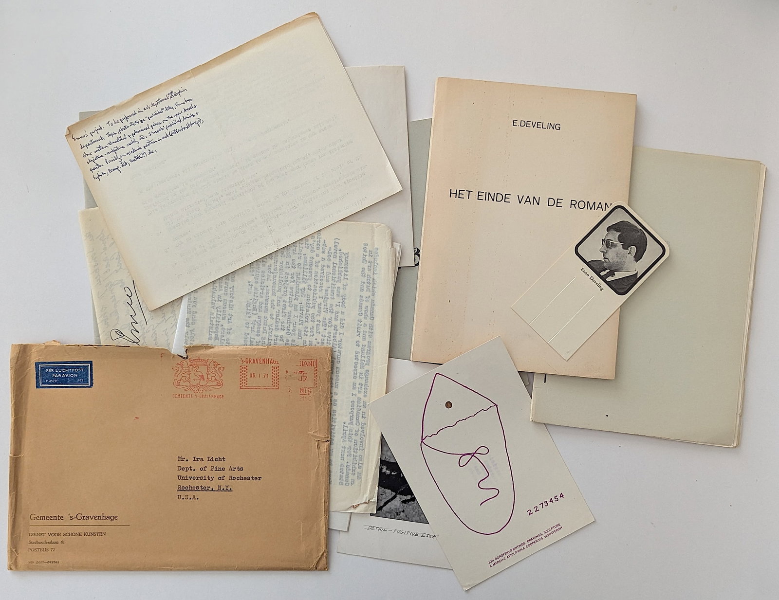 Curator ENNO DEVELING Ephemera and Letters with Mr. Ira Licht: The provenance of this lot is from the estate of a deceased formal art collector in Miami, FL. Please see all the included images to read all related information and review it's actual condition. This