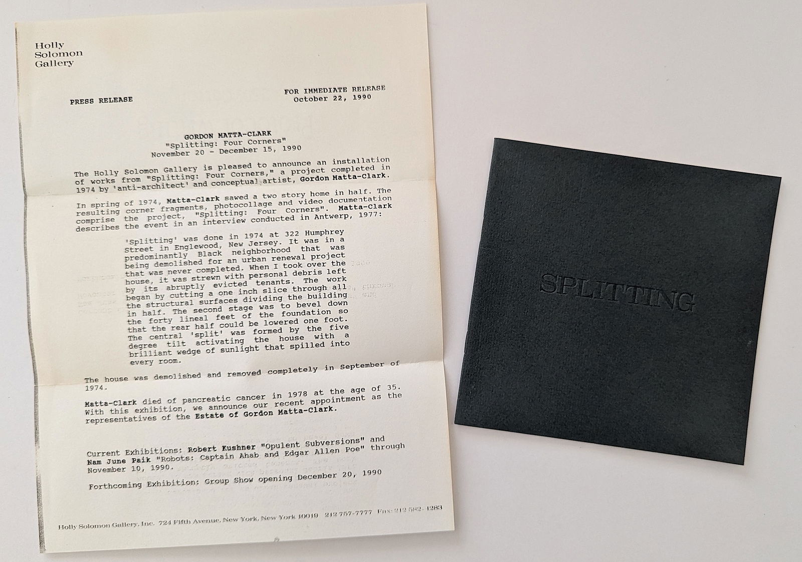 Exhibition Catalog GORDON MATTA-CLARK  Holly Solomon Gallery, 1990 (1 of 4)