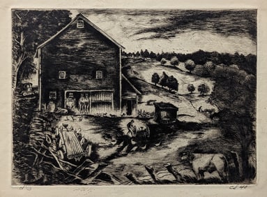 Authentic WPA Federal Art Project Etching, "Farm Yard", ca. 1940s