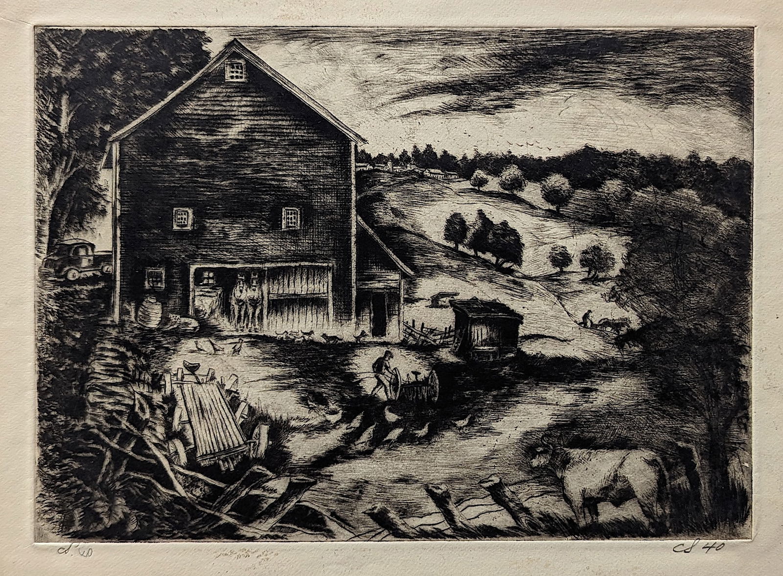 Authentic WPA Federal Art Project  Etching, "Farm Yard", ca. 1940s (1 of 5)