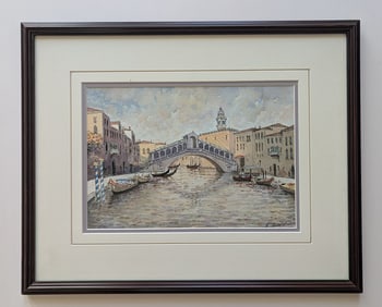 Original Fine Watercolor of Rialto Bridge in Venice Italy - Signed