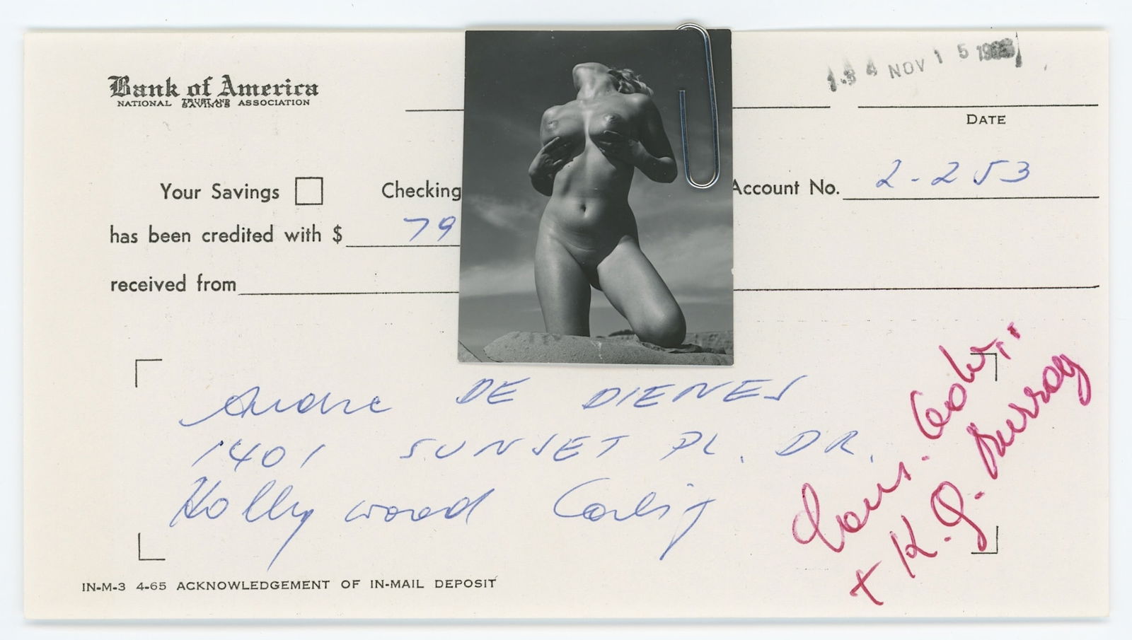 Vintage ANDRÉ DE DIENES Hand Signed Bank Deposit & Photo: The provenance of this lot is from the archives of notable photographer André de Dienes. This black and white gelatin photo was printed in small format (most probably as a contact sheet). It definete