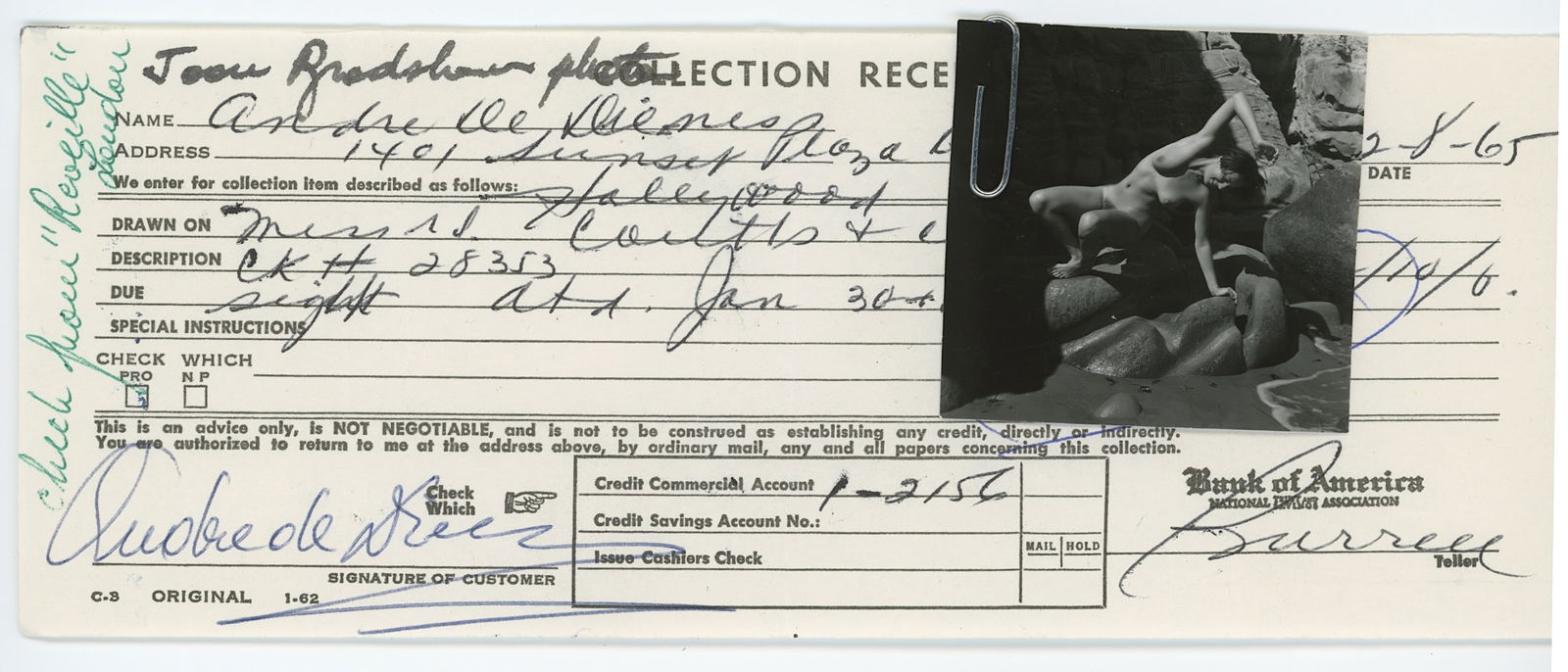 Vintage ANDRÉ DE DIENES Hand Signed Bank Deposit & Photo: The provenance of this lot is from the archives of notable photographer André de Dienes. This black and white gelatin photo was printed in small format (most probably as a contact sheet). It definete