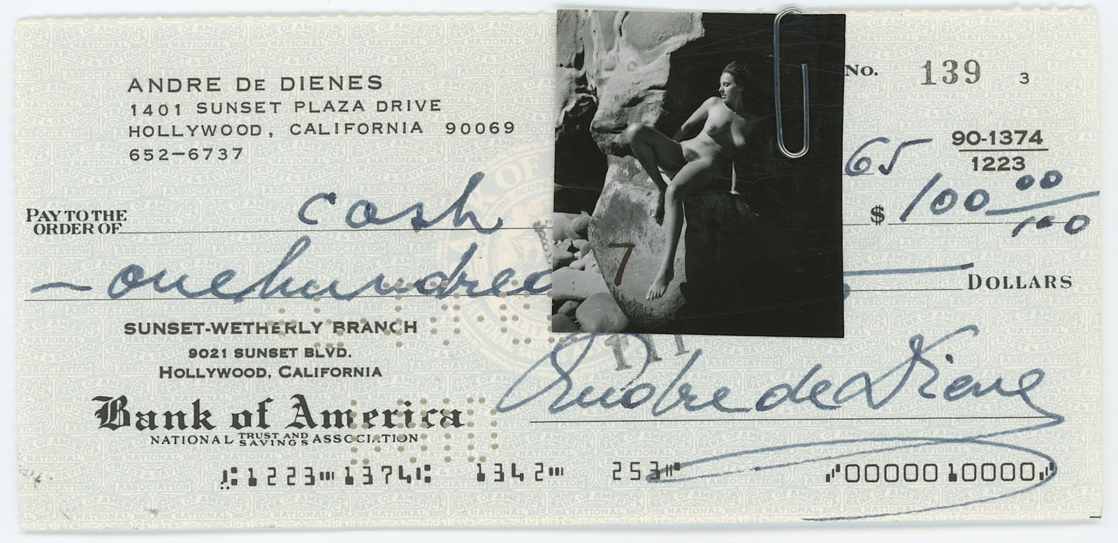 Vintage ANDRÉ DE DIENES Hand Signed Check & Photo: The provenance of this lot is from the archives of notable photographer André de Dienes. This black and white gelatin photo was printed in small format (most probably as a contact sheet). It definete