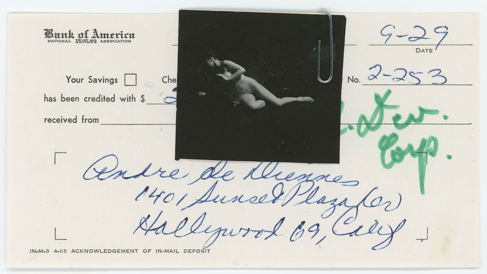 Vintage ANDRÉ DE DIENES Hand Signed Bank Deposit & Photo: The provenance of this lot is from the archives of notable photographer André de Dienes. This black and white gelatin photo was printed in small format (most probably as a contact sheet). It definete