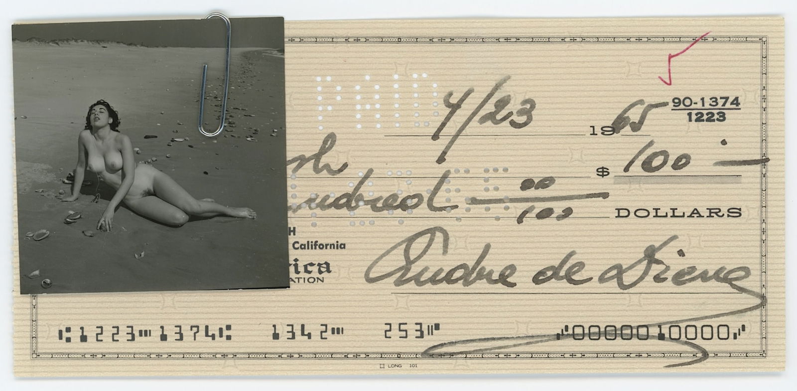 Vintage ANDRÉ DE DIENES Hand Signed Check & Photo: The provenance of this lot is from the archives of notable photographer André de Dienes. This black and white gelatin photo was printed in small format (most probably as a contact sheet). It definete