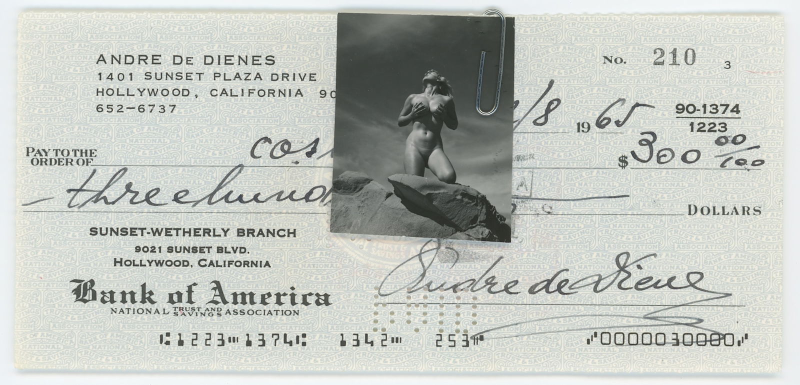 Vintage ANDRÉ DE DIENES Hand Signed Check & Photo: The provenance of this lot is from the archives of notable photographer André de Dienes. This black and white gelatin photo was printed in small format (most probably as a contact sheet). It definete