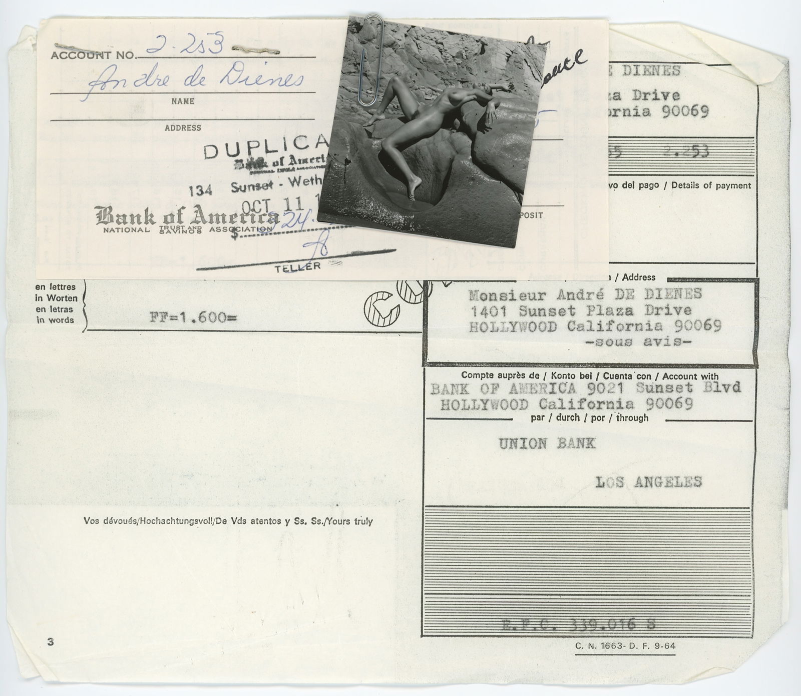 Vintage ANDRÉ DE DIENES Hand Signed Bank Deposit & Photo: The provenance of this lot is from the archives of notable photographer André de Dienes. This black and white gelatin photo was printed in small format (most probably as a contact sheet). It definete