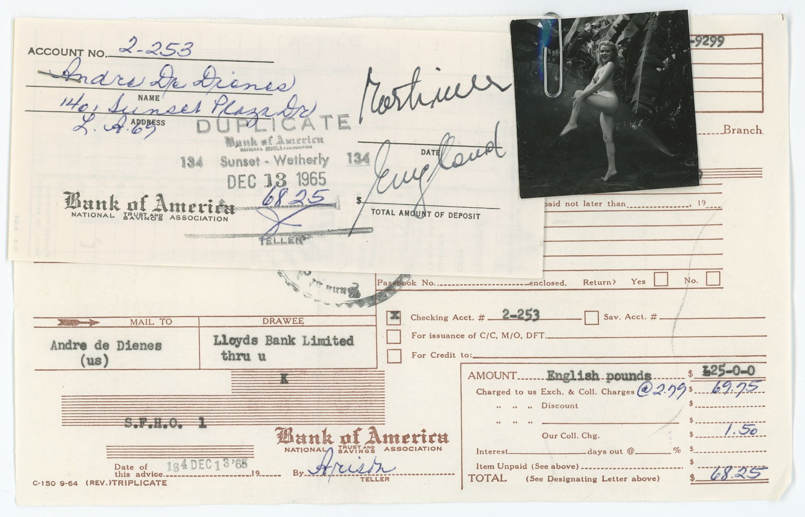 Vintage ANDRÉ DE DIENES Hand Signed Bank Deposit & Photo: The provenance of this lot is from the archives of notable photographer André de Dienes. This black and white gelatin photo was printed in small format (most probably as a contact sheet). It definete