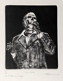 Original Etching Skeleton Singer Halloween P/A Signed Artist