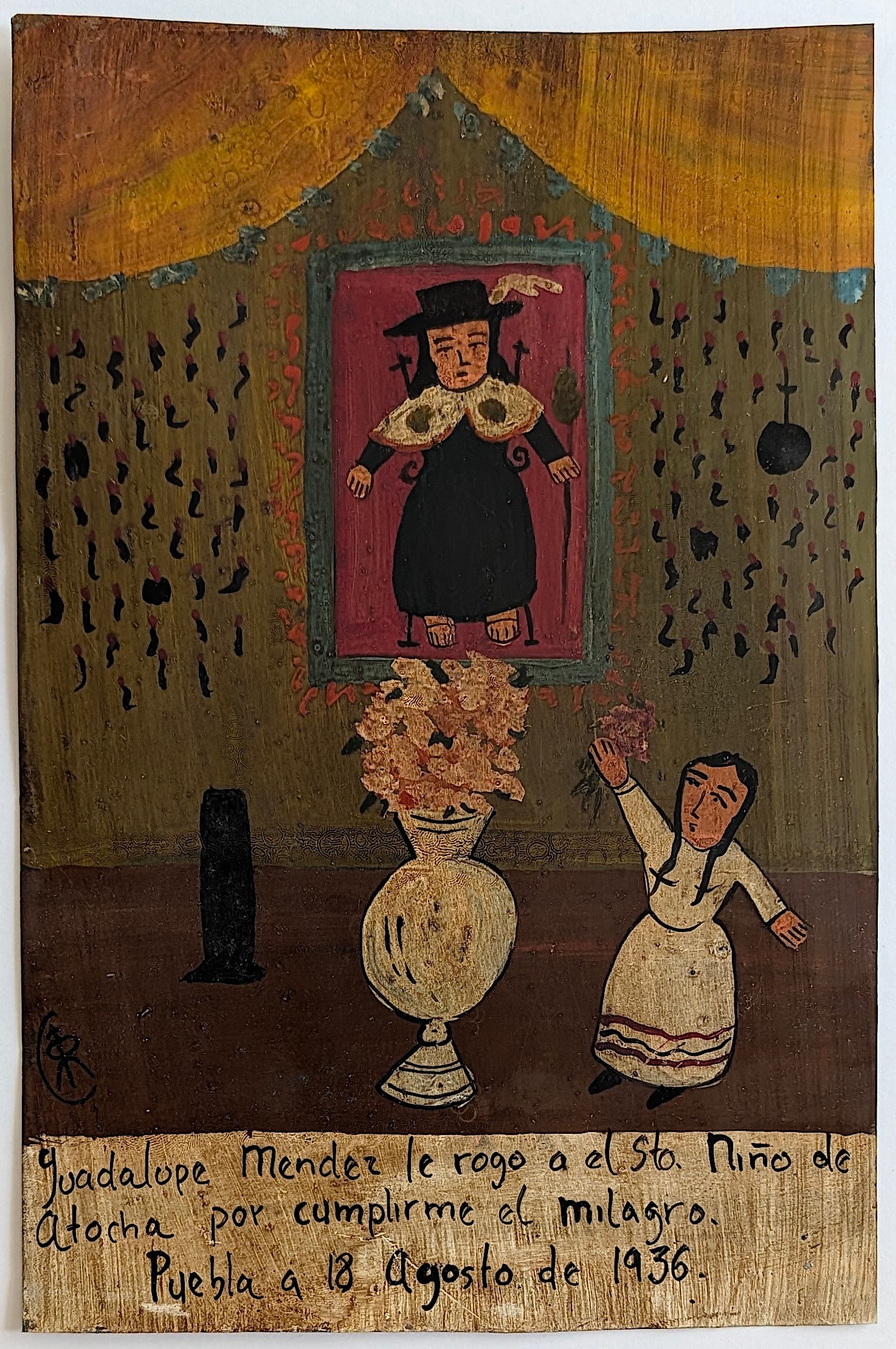 Vintage Original Mexican Folk Art on Tin by RAUL GARCIA Ca. 1930s: ABOUT PROVENANCE AND ATTRIBUTION: This item originates from the estate of a prominent Miami-based dealer and collector active throughout the 20th century. It comprises a wide variety of artworks and e