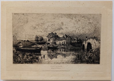 Adolphe Appian Before the Rain - Village of Villeneuve Etching 19th C