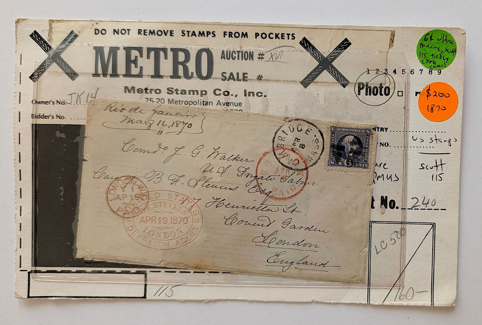 19th C. Rare US George Washington 6 Cents  Stamp Cover from METRO Auction Sale (1 of 2)