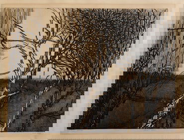 Vintage Woodcut Signed RUTH LEAF - Tree Forms, Meadow