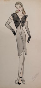 Vintage Original Fashion Drawing Signed CHARPENTIER