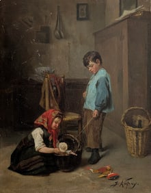 Antique French Oil on Panel Interior JOSEPH A. AUFRAY (1857-1923)