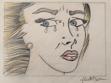 Vintage Hand Painted Drawing Pop Art Signed LICHTENSTEIN (after)