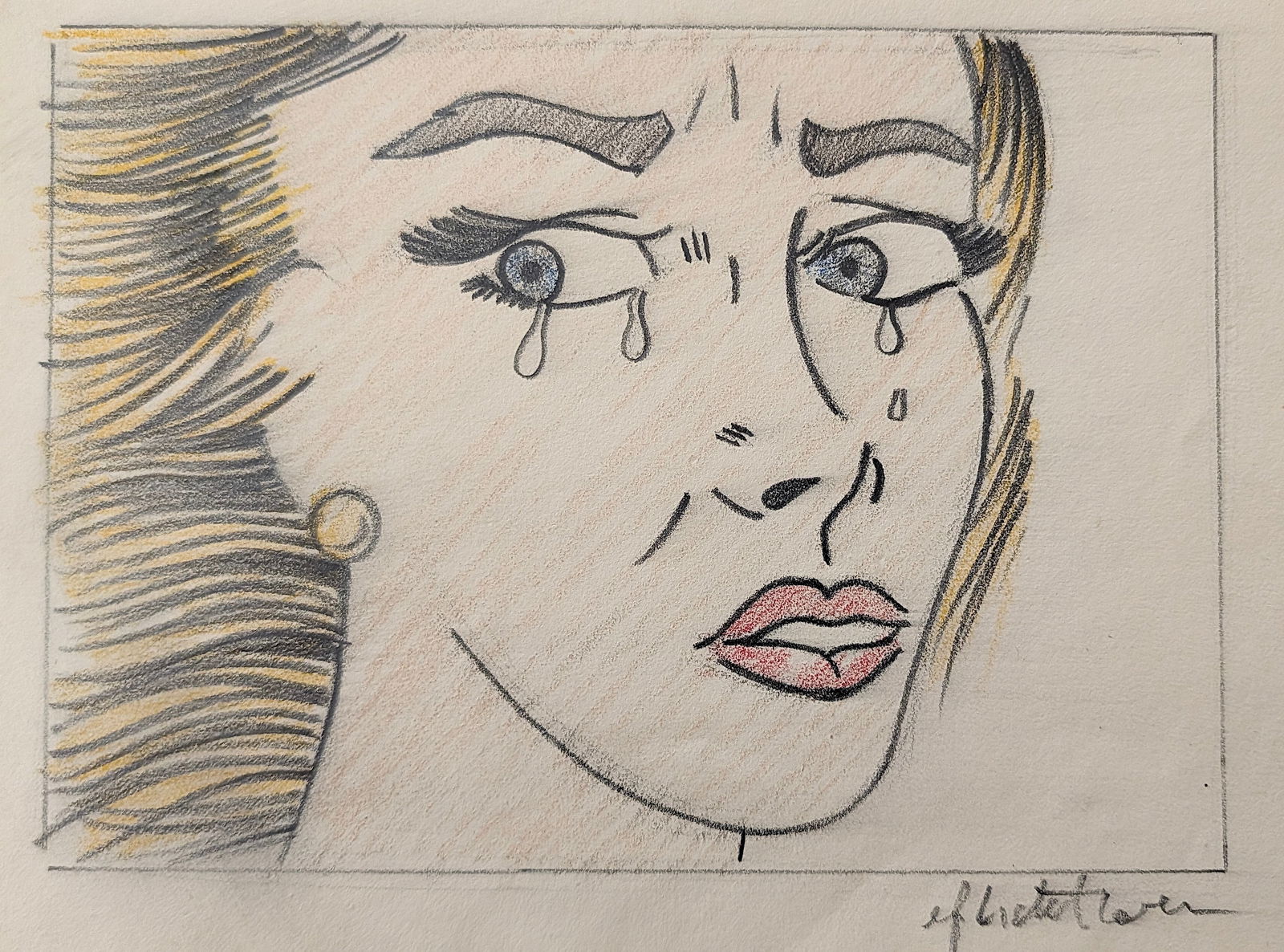 Vintage Hand Painted Drawing Pop Art Signed LICHTENSTEIN (after) (1 of 4)
